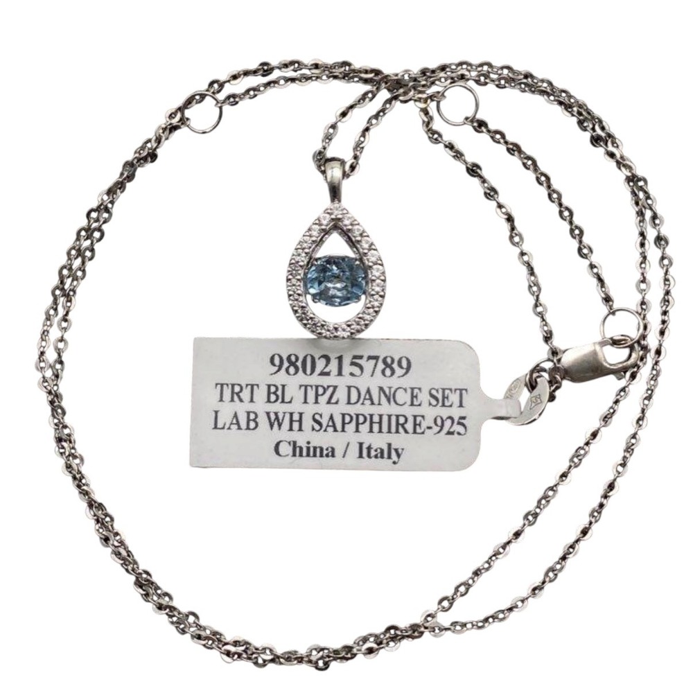 Sterling Silver Blue Topaz Dancing Stone Teardrop Necklace White Sapphire 925